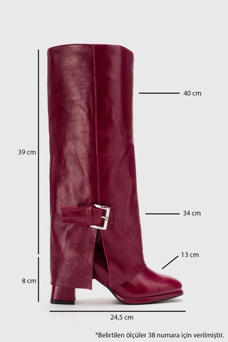 Luvishoes Lojo Bordo Kırışık Rugan Hakiki Deri Tokalı Kadın Kalın Topuklu Çizme Bordo