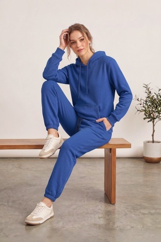 Moibody Kadın 3 İplik Şardonlu Eşofman Takımı Premium Kapüşonlu Sweatshirt Ve Jogger Alt Yavruağzı Mavi Mavi