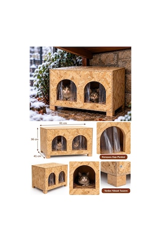 Reyo 2 Bölmeli Yetişkin Kedi Evi, Kedi Barınağı, Sokak Hayvanları İçin Kedi Barınağı, Kedi Yuvası, Rüzgar ve Soğuğa Dayanıklı Ahşap 61x41x36 cm CAT50