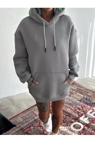 Mbb E-ticaret Kadın Kapüşonlu Kanguru Cepli 3 İplik Pamuklu Oversize Hoodie Sweatshirt - Boyalı Gri