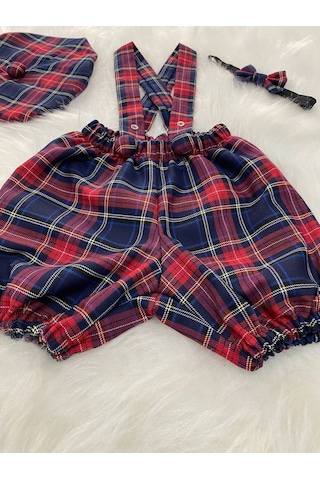Eylülce Butik Laci Ekoseli Çocuk Askılı Şort Salopet & Ressam Şapkası & Papyon Takım- Pasta Patlatma-doğum Günü Lacivert