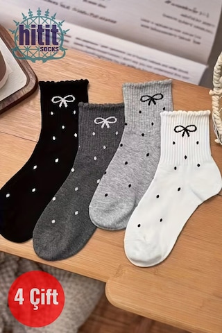 Hitit Socks Kadın 4 Çift Kurdale Ve Puantiye Desenli Günlük Kullanıma Uygun Japon Tarzı Kolej Çorap Çok Renkli