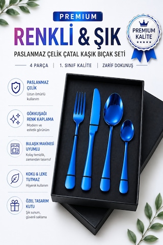 Premium Paslanmaz Çelik Çatal, Kaşık Ve Bıçak Seti Modern Mavi Renk 4 Parça
