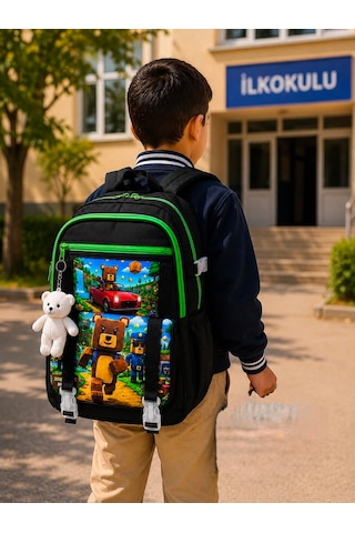 Super Bear Ayıcık Aksesuarlı Beslenme Ve Kalemlikli İlkokul Çekçekli Sırt Çantası Siyah
