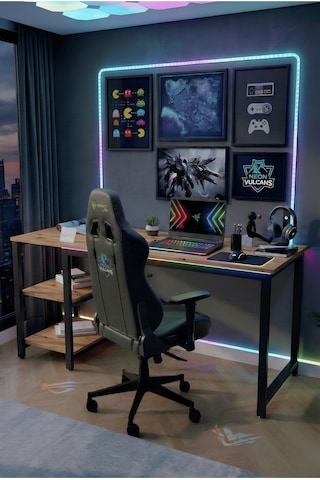 Reflekta Raflı Oyuncu Masası 60x160 Cm. Gaming Masa Demonte Atlantik Çam-siyah