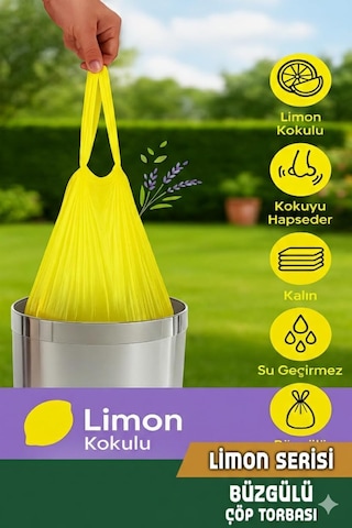 50 Adet Limon Kokulu Büzgülü Büyük Boy Çöp Torbası 65x70cm