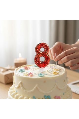 Turuncu Simli Pasta Mumu Doğum Günü Mum 8 Yaş