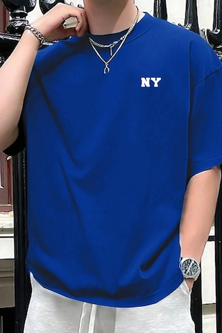 Erkek Ny Baskılı Oversize Tshirt Mavi
