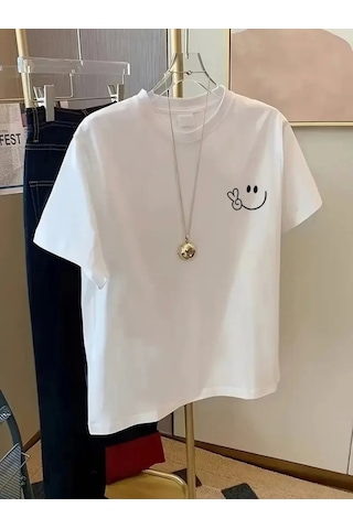 Modi Baskılı Oversize Bisiklet Yaka T-shirt - Beyaz - Mymg158821