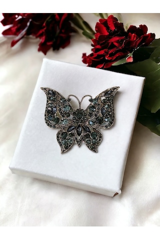 Black Diamond Swarovski Taşlı Kelebek Broş Gri