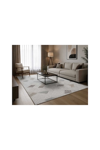 Modern Geometrik Çizgili Bej Vizon Koridor Yolluk & Salon Halısı - 3d Kabartma Dokulu Krem