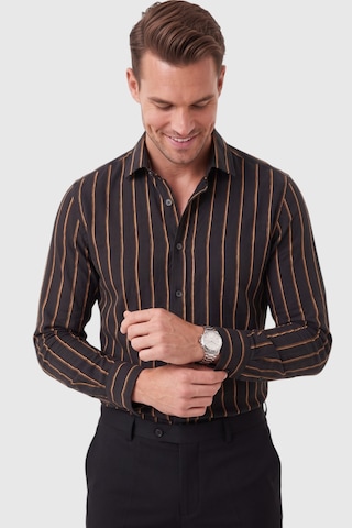 Deepsea Erkek %100 Pamuk Slim Fit Dar Kesim Keten Dokulu Çizgili Uzun Kollu Siyah Gömlek 2600034