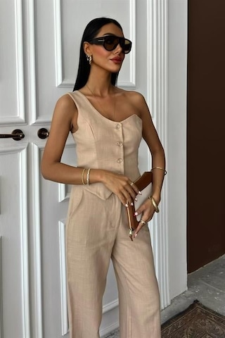 Tek Omuz Büstiyer Plazzo Pantolon Viscon Takım 10159 Bej