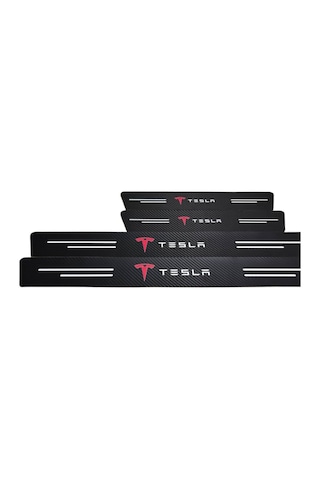 Tesla Logolu Karbon Kapı Eşiği Koruyucu Bant Folyo 4'lü Set