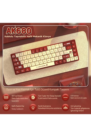 Ak680 Kablolu Brown Switch Mekanik Klavye-rainbow Aydınlatma Hot-swap