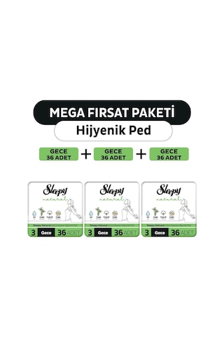 Sleepy Natural Ultra Hassas Hijyenik Ped Mega Fırsat Paketi Gece 3 x 36'lı