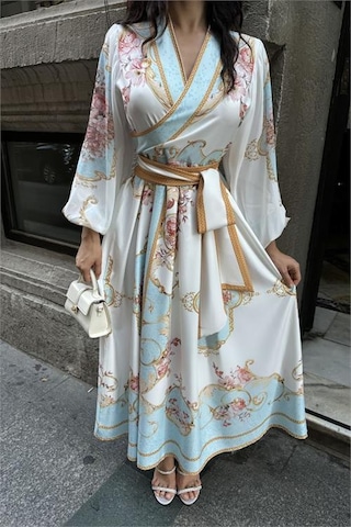Neşeli Butik Kadın Kuşaklı Midi Boy Desenli Elbise Nbms42149 Beyaz