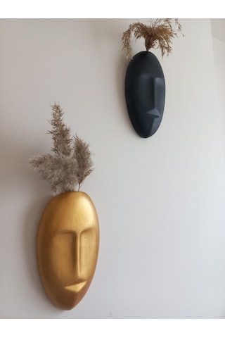 Dekoratif 2'li Yüz Duvar Vazosu, Duvar Süsü ,heykel Aksesuar Siyah Gold