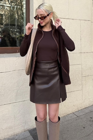 Acı Kahverengi Mini Boy Kadın Deri Etek Mg2298 Acı Kahverengi