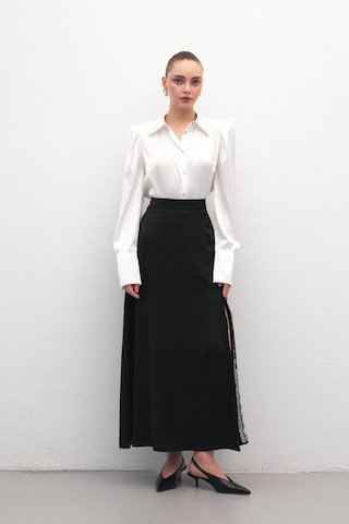 Sateen Dantel Detaylı Saten Etek - Siyah-137170 Siyah