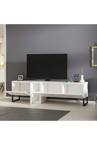 T0016 Kapaklı, Metal Ayaklı, Tv Sehpası, Tv Ünitesi - Beyaz/beyaz Mermer Beyaz/beyaz Mermer