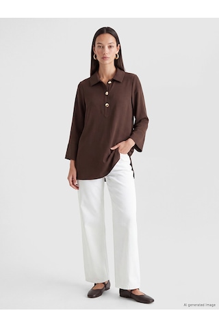Lcw Everyday Kahverengi Gömlek Yaka Oversize Kadın Tunik