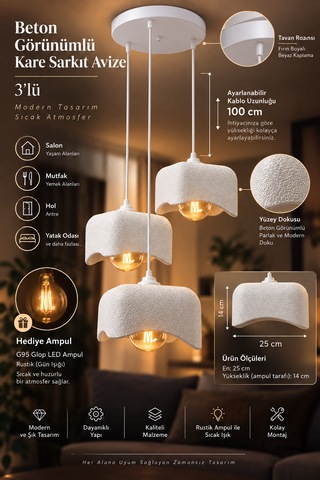 Beton Görünümlü 3'lü Kare Sarkıt Avize Modern Bohem Salon Yemek Masası G95 Rustik Led Ampul Hediyeli Beyaz