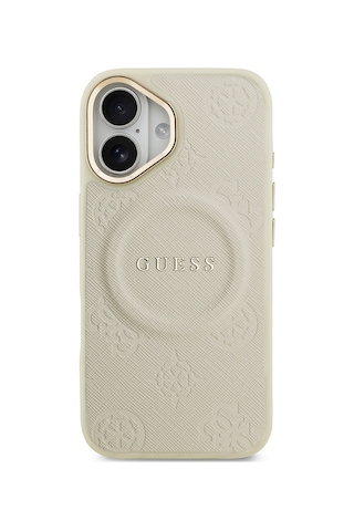 Apple Uyumlu iPhone 17 Kılıf Guess Lisanslı M-safe Özellik Sıcak Baskı Yazı Logolu Pu Deri Peony Kapak Bej Bej