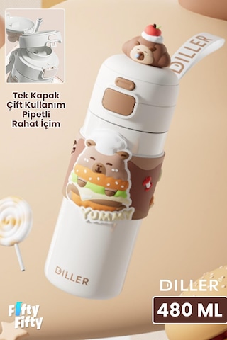 Dıller 480 Ml Tek Kapak Çift Kullanım Pipetli/pipetsiz Taşıma El Askılı Vacum Cup/çelik Termos -ffd9351-480 Beyaz