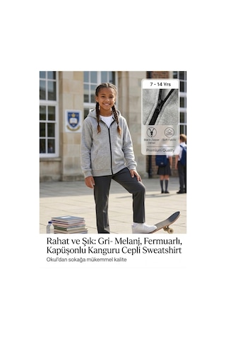 Erdem Kıds Unisex Kız Erkek Çocuk Basic 3 İplik Şardonsuz Fermuarlı Kanguru Cepli Kapüşonlu Pamuk Sweatshirt Hırka Gri-melanj Gri-melanj
