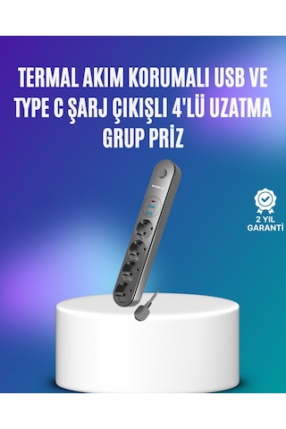 Nrzsnt 4 Lü Çoklu Priz 2 Usb Type-c Girişli Akım Korumalı Siyah