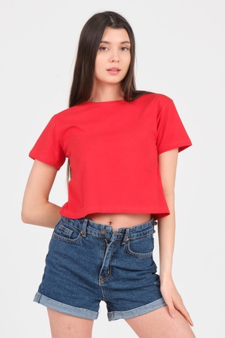 As Collection Kırmızı Bisiklet Yaka Kısa Kol Örme Kadın Crop Kırmızı