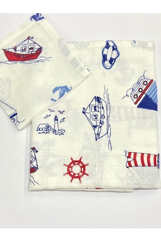 Müslin %100 Organik Pamuk Kumaş Örtü Battaniye 100x100cm+ Ağız Mendili Hediyeli Denizci Mavi Denizci Mavi