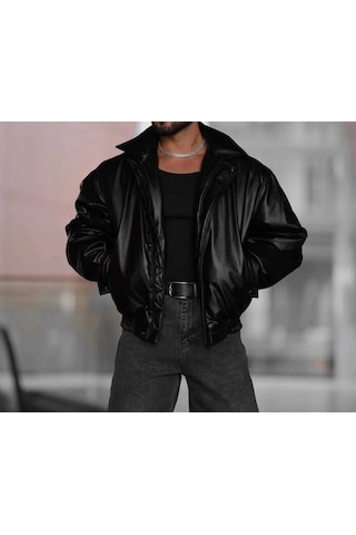 Famoda Erkek Oversize Vintage Siyah Deri Ceket Siyah