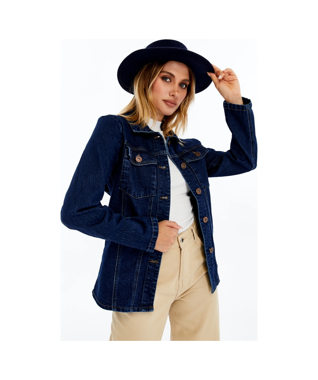 Kadın Denim Ceket Uzun Kollu Jean Ceket, Şık Ve Günlük Kombin Koyu Mavi