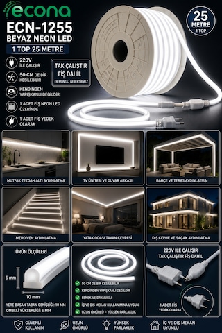 25 Metre Beyaz Işık 220v Neon Led Şerit Led, Çok Parlak, Kesilebilir, Tak-çalıştır Fişli & Yedek Fişli,esnek Led,6500k Beyaz-6500k