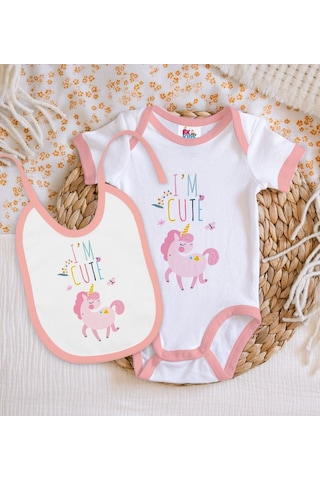 Bk Kids I'm Cute Tasarımlı Pembe Bebek Body Zıbın Ve Mama Önlüğü Çok Renkli