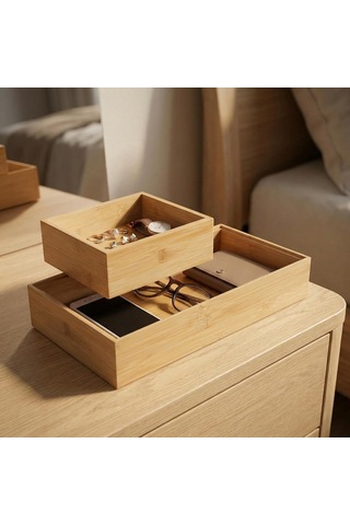 2'li Çok Amaçlı Bambu Organizer Set - Büyük Ve Küçük Boy Banyo, Mutfak Ve Ofis Düzenleyici Kutu - Ahşap Dekora Çok Renkli