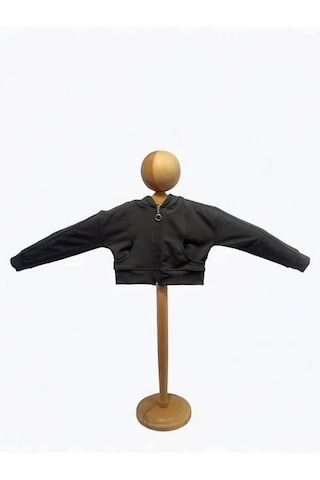 Kız Çocuk Pamuklu Crop Fermuarlı Kapuşonlu Hırka-15454 Füme