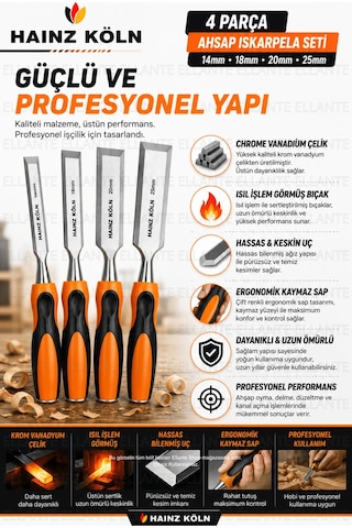 4 Parça Ahşap Iskarpela Seti 14-18-20-25 Mm Krom Vanadyum Çelik Ergonomik Kaymaz Sap Profesyonel Mar