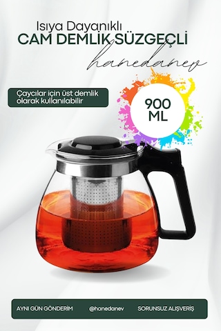 Isıya Dayanıklı Süzgeçli Cam Demlik 900 Ml Çaycı Çay Makinesi Demliği Teapot 900 Ml Siyah