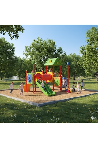 Çocuk Oyun Grubu, 6x5m İki Kaydıraklı Ev Çatılı -70 Çok Renkli