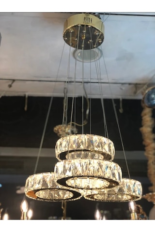 Gold Kristal Taşlı 4'lü Halka Led Avize - Ayarlanabilir Yükseklik Modern Sarkıt Avize Altın - Gold