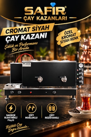 Safir 4 Gözlü Kromat Siyah Tam Otomatik Çay Kazanı Sadece Elektrikli Pleytli Çay Ocağı Kazanı