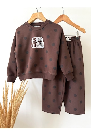 Magu Çocuk Pamuklu Baskılı Kahverengi Puantiyeli Sweatshirt Ve Eşofman Takımı