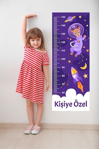 Kişiye Özel Yavru Geyik Temalı Dekoratif Çocuk Boy Ölçer Sticker Duvar Cetveli Takip Çizelgesi Mor