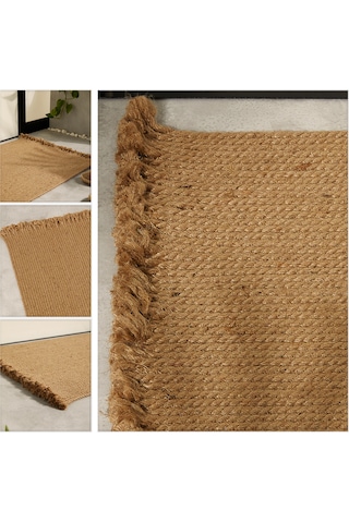 Ocean Home Textile Saçaklı Jüt Halat Çok Amaçlı Dekoratif İç Dış Kapı Önü Paspası 74 x 50 CM Kahverengi