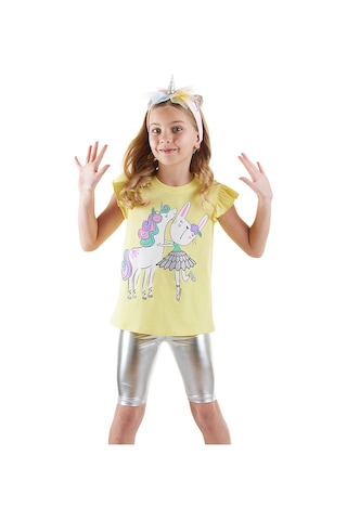 Denokids Unicorn Kız Çocuk T-shirt Metalik Tayt Takım Renkli Çok Renkli