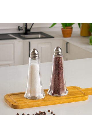 Porsima 15332 2'li Cam Gövdeli Metal Krom Kapaklı Tuzluk Biberlik