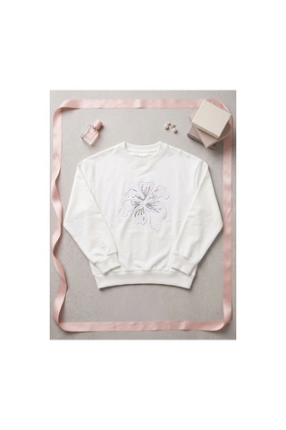 Deniva Kids Kız Çocuk Ekru Çiçek Nakışlı Payet Detaylı Pamuklu Bisiklet Yaka Sweatshirt BEYAZ